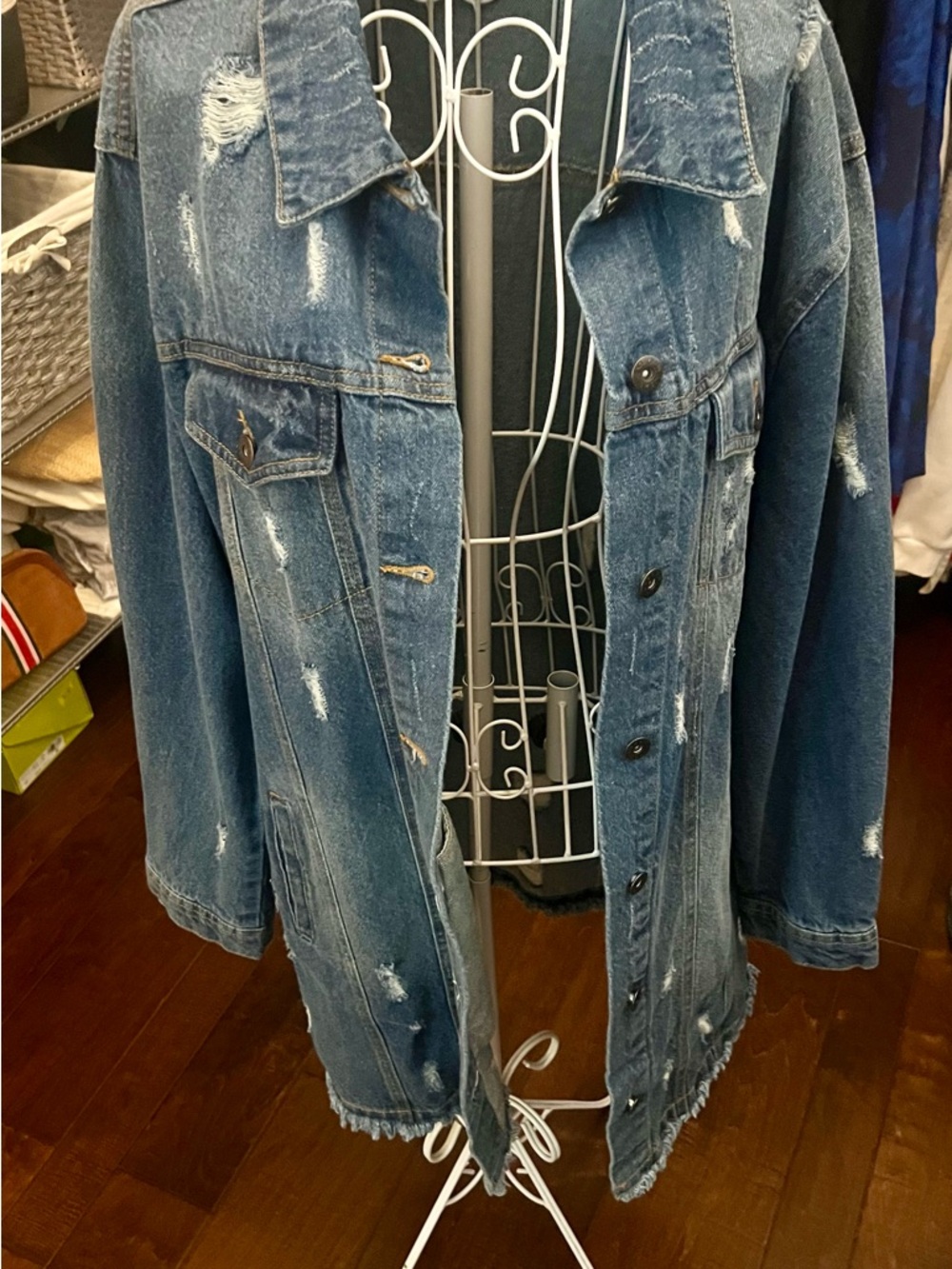 Distressed Longline Denim Jacket - Blue